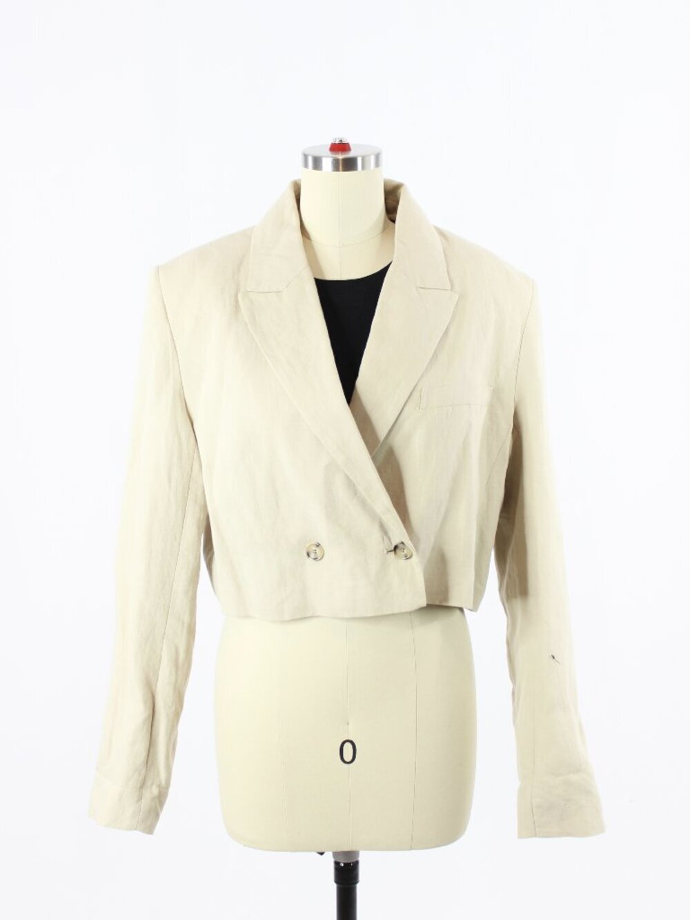 ZARA Beige Linen Cotton Double Breasted Cropped Blazer Suit Jacket, Size L